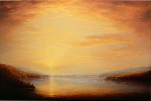 Oil on canvas of a cloudy sunset reflected on a large body of water, by Victoria Adams