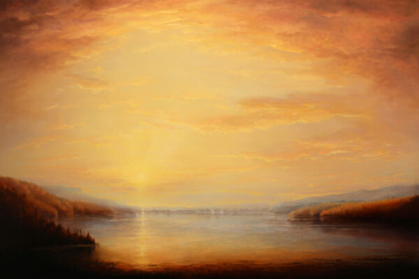 Oil on canvas of a cloudy sunset reflected on a large body of water, by Victoria Adams