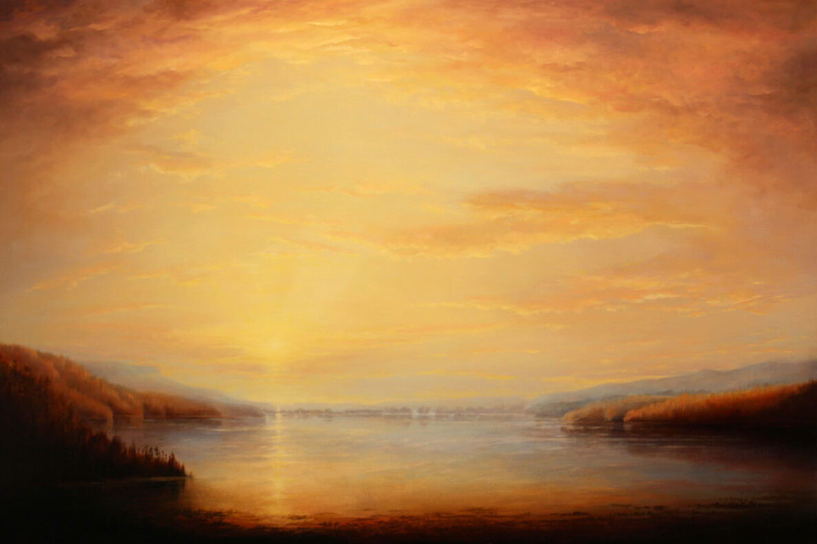 Oil on canvas of a cloudy sunset reflected on a large body of water, by Victoria Adams